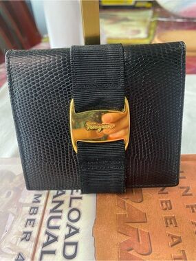 Salvatore Ferragamo Black Lizard-Embossed Wallet with Gold Logo Buckle